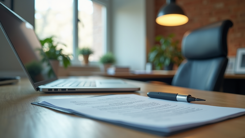 Eye-level view of a modern office desk with a laptop and real estate documents