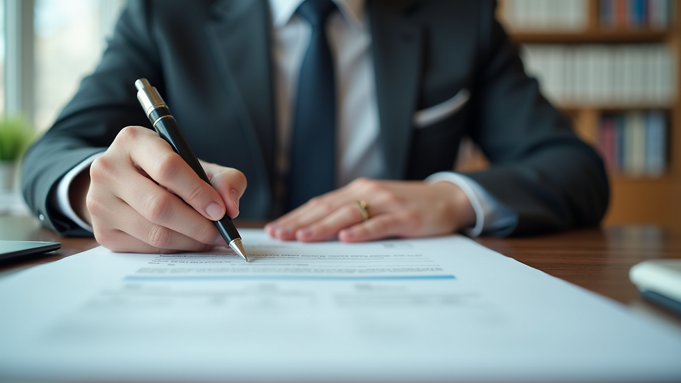 Eye-level view of a real estate agent reviewing contract documents on a desk