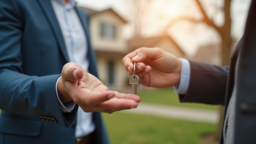 Eye-level view of a real estate agent handing over house keys to a client