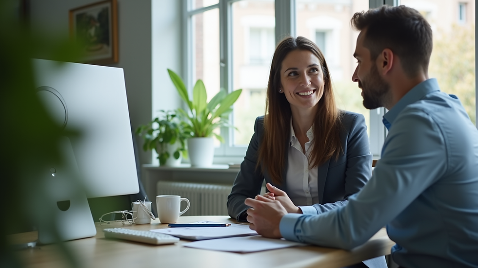 Eye-level view of a real estate agent discussing with a client in a modern office