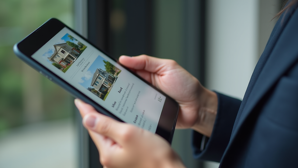 Close-up view of a real estate agent reviewing property listings on a tablet