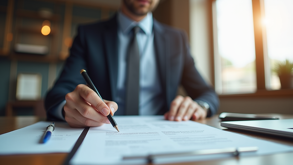 Eye-level view of a real estate agent reviewing paperwork at a desk