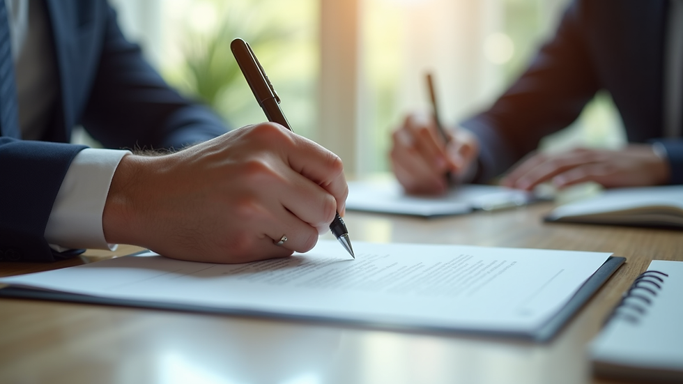 Close-up view of a contract being signed in a real estate office