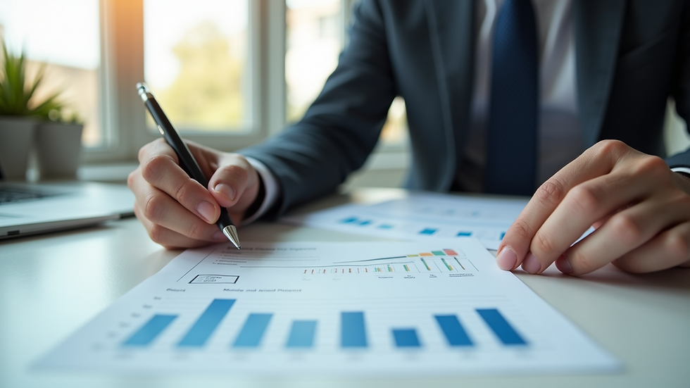Close-up view of a real estate agent reviewing property documents in a bright office