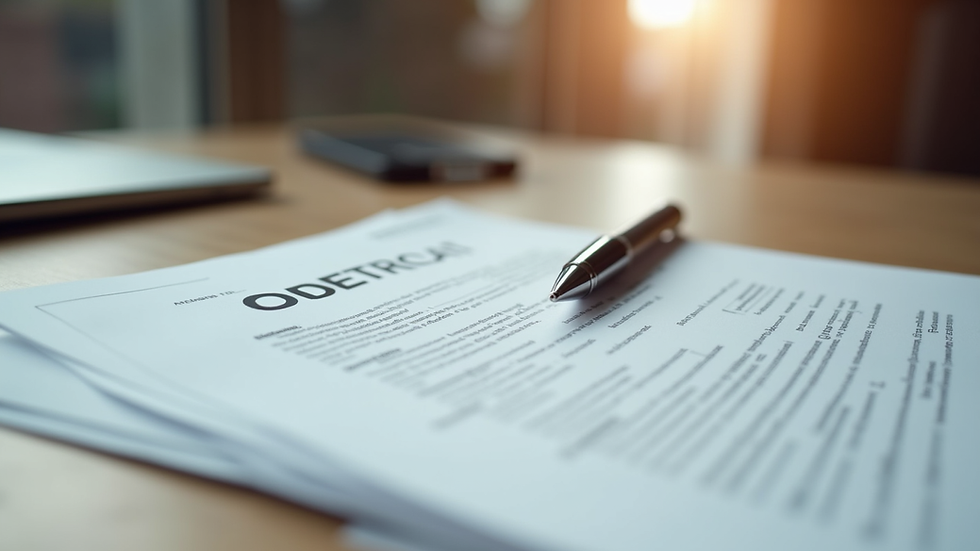 Close-up view of a contract and pen on a wooden desk in a real estate office