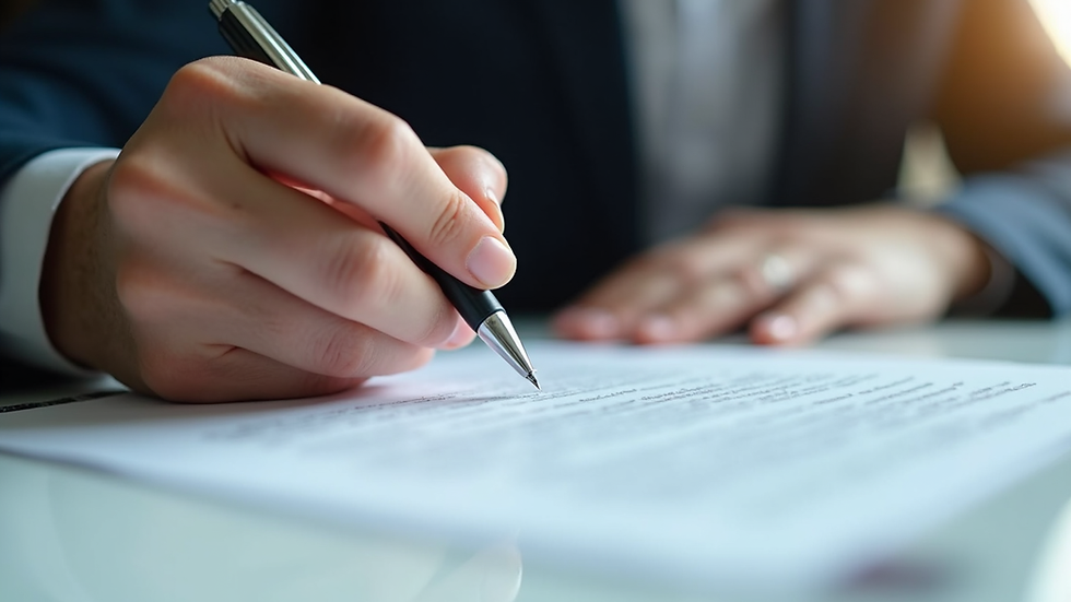 Close-up view of a real estate agent holding a contract and a pen