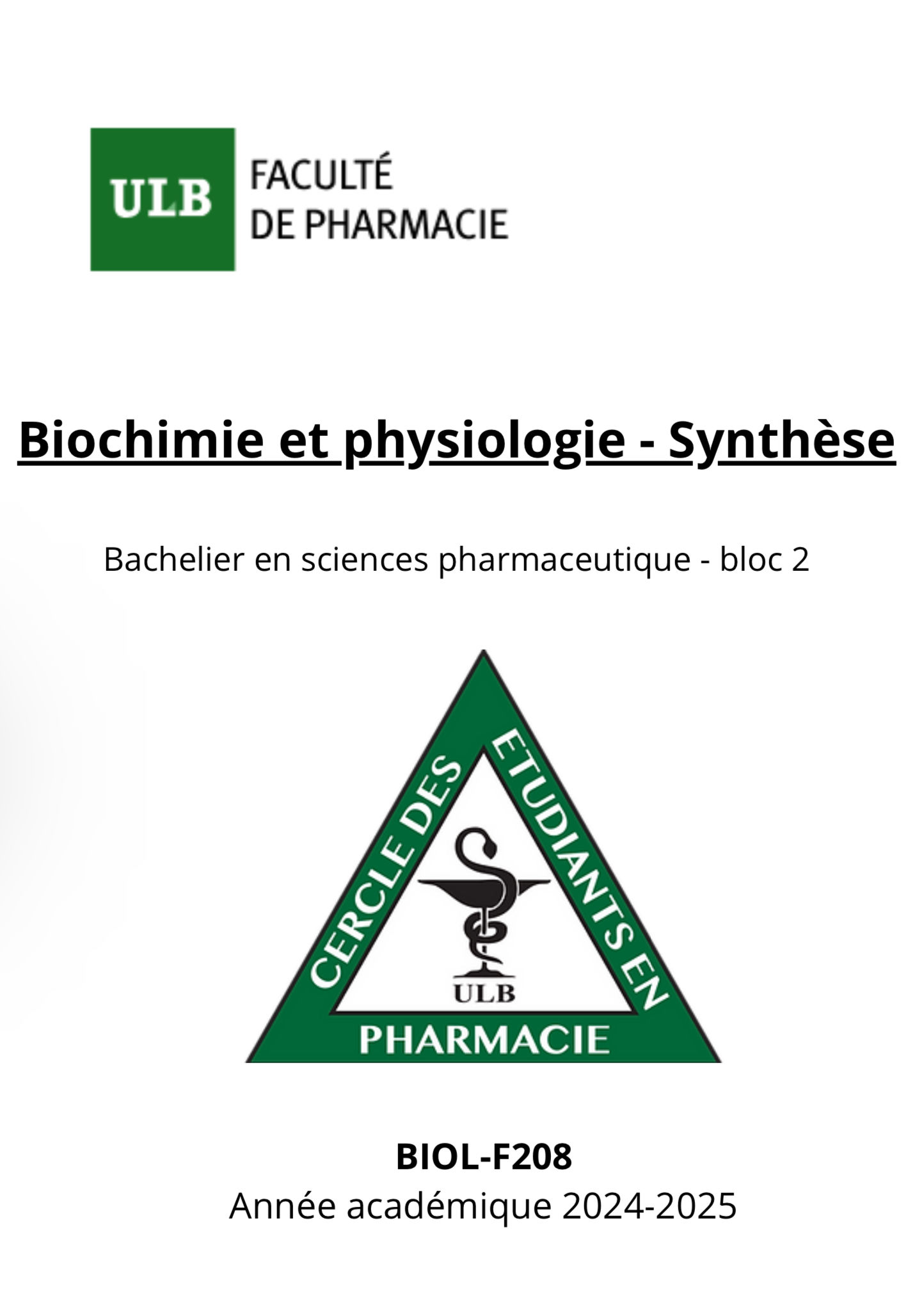 Biochimie et physiologie de la cellule synthèse