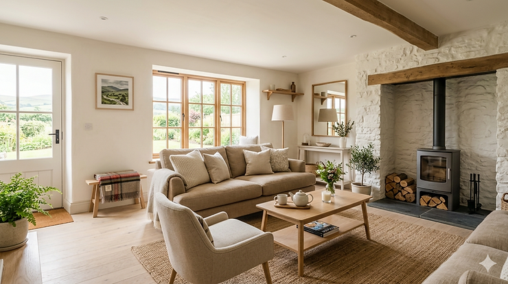 Bright premium short-stay living room interior managed by CozyStay Management