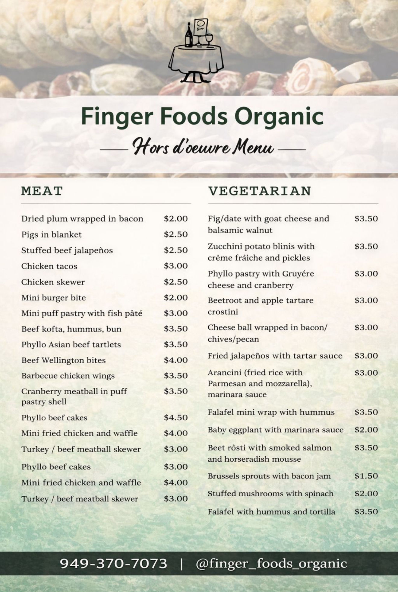 Finger Foods Organic Hors d'oeuvres Menu