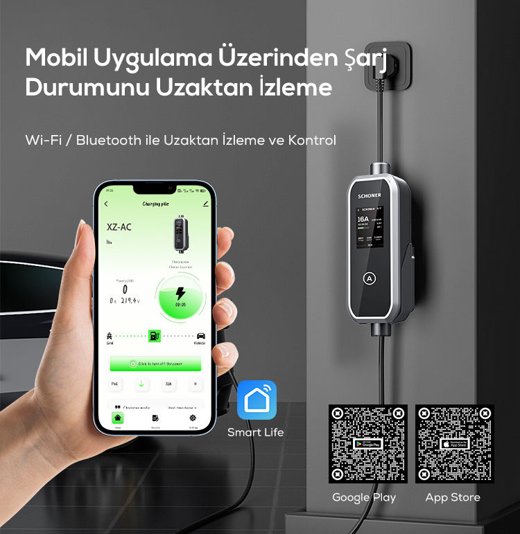 Küçük resim: SCHONER 3.5kW Taşınabilir Elektrikli Araç Şarj İstasyonu 5Metre Tip2 Kablolu Wi-