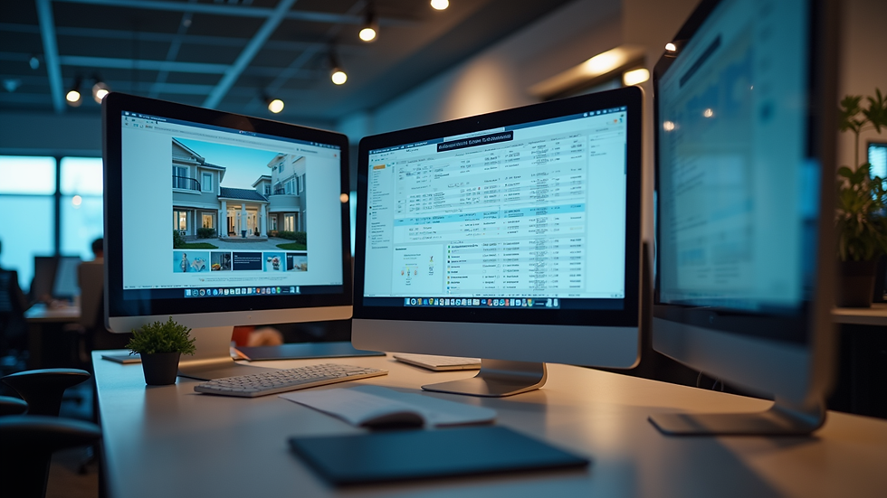 Eye-level view of a modern office workspace with multiple computer screens showing property management software
