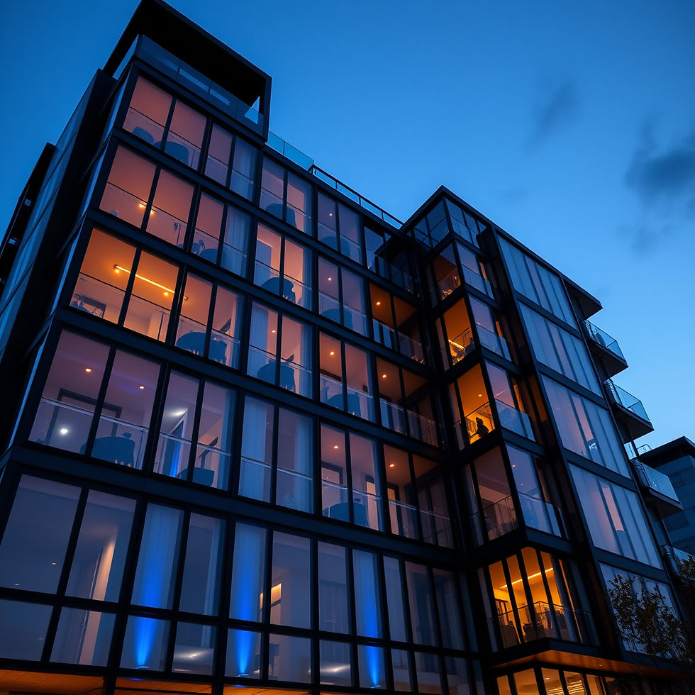 A modern luxury apartment building exterior at dusk, viewed from a low-angle perspective. 