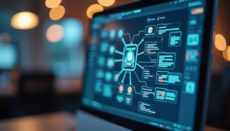 Eye-level view of a digital workflow diagram on a computer screen