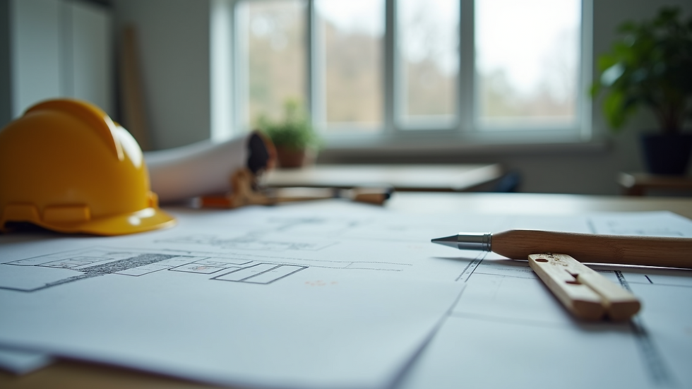 Close-up view of architectural plans and construction tools on a table