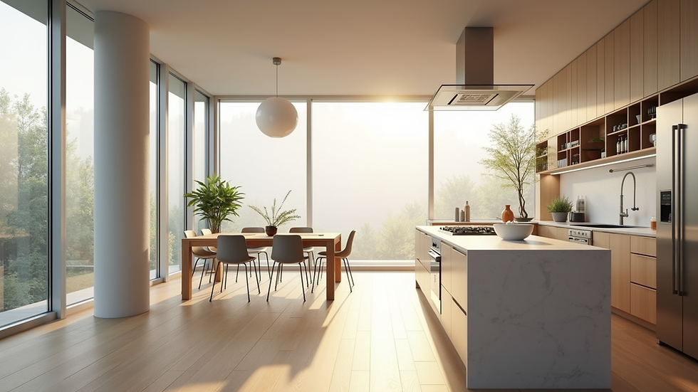 Wide angle view of a remodeled modern kitchen with bright natural light