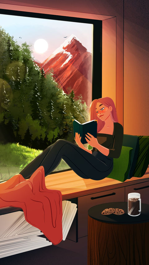 Illustration fille lisant fenêtre par Anju Draw — illustratrice freelance Auckland