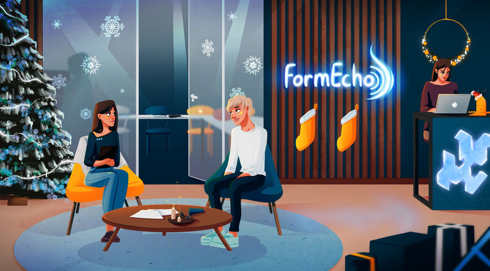 Scène de Noël FormEcho illustrée par Anju Draw — illustratrice et graphiste freelance