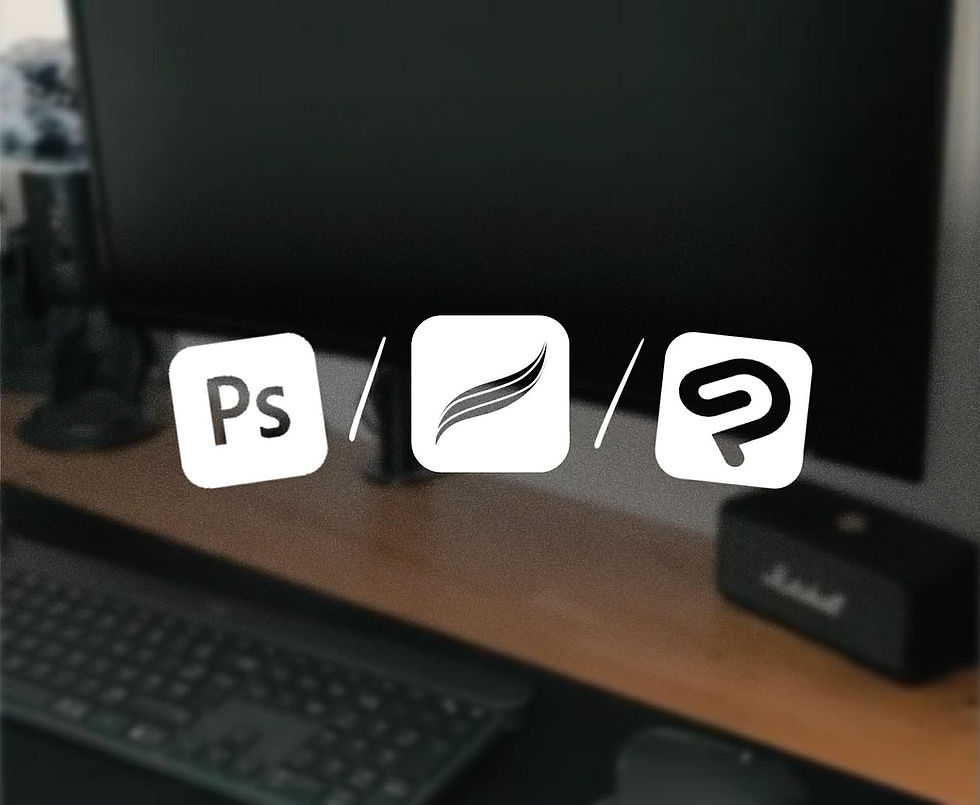 Multiple drawing software windows open on screen — Procreate, Photoshop and Affinity side by side