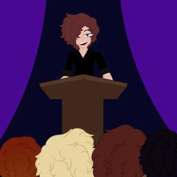 Animated person speaking at a podium, Public Speaking, with audience at event