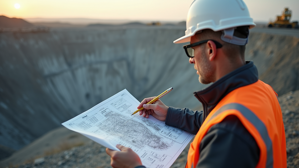Close-up view of mining engineer reviewing site plans at a mining operation