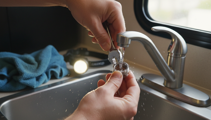Close-up of hands cleaning a small RV faucet aerator over a sink