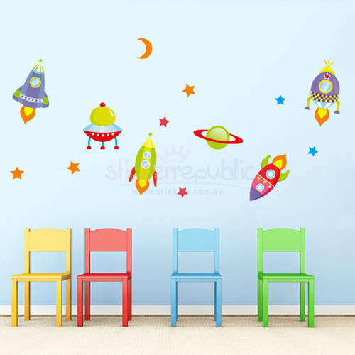 Spaceship Wall Decals Outer Space Wall Stickers with Moon Stars