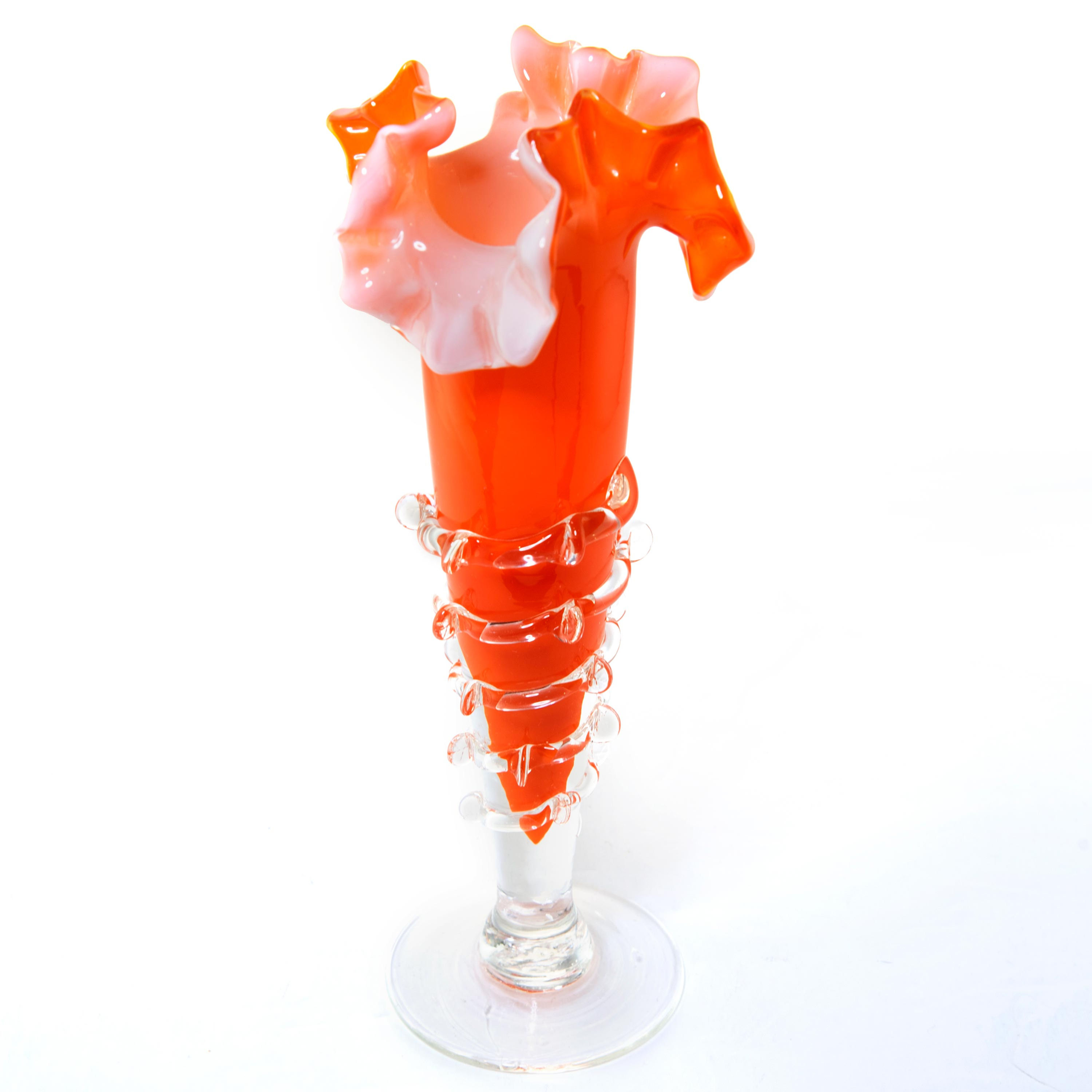 Bohemian Art Glass Vintage Vase Orange w/Cased White Ruffled Art Glass