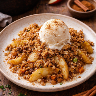 A plate of apple crisp topped with vanilla ice cream on a wooden table. Cinnamon sticks and fresh apple slices are nearby, adding warmth.