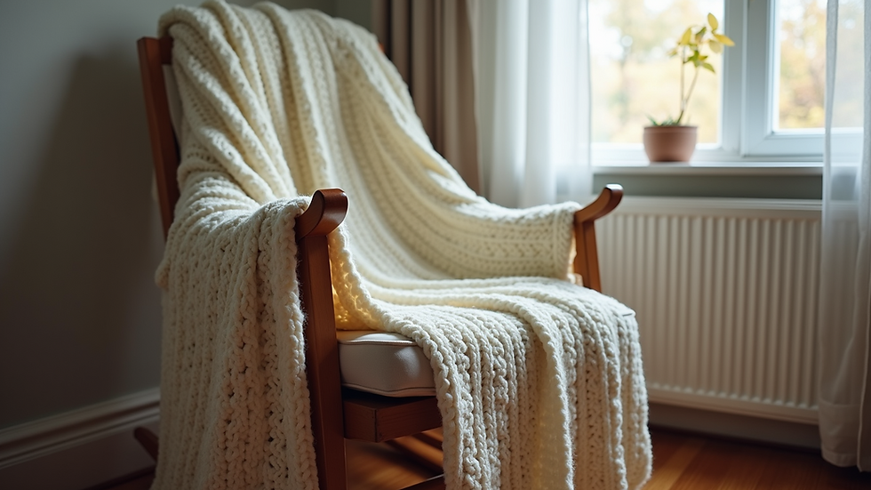 Eye-level view of a handcrafted knit blanket draped over a rocking chair