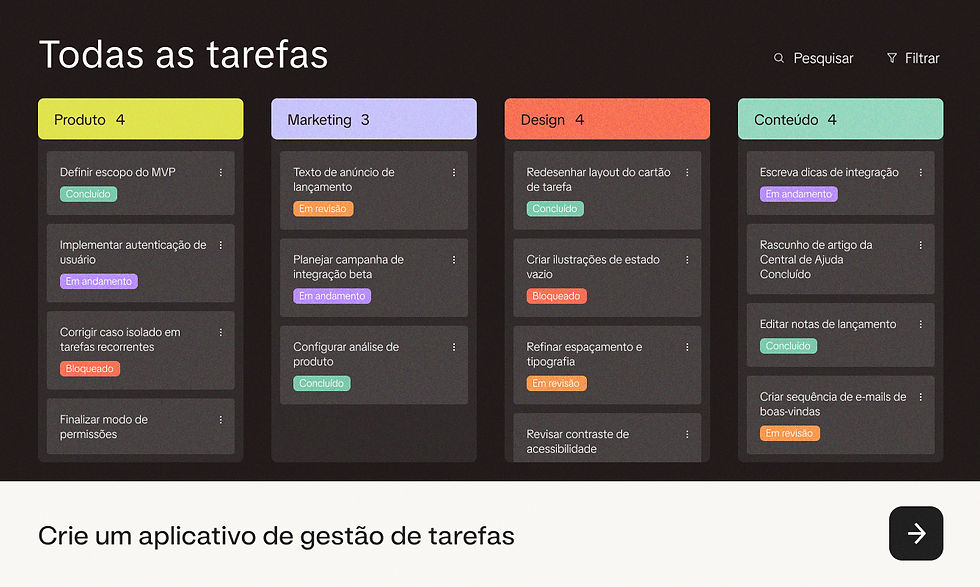 App de gestão de tarefas criado na Base44, com quadros organizados por Produto, Marketing e Design.