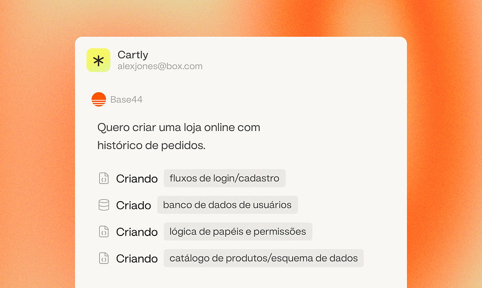 Interface de criação da Base44 exibindo o desenvolvimento de um app de e-commerce, com autenticação de usuários e catálogo de produtos.