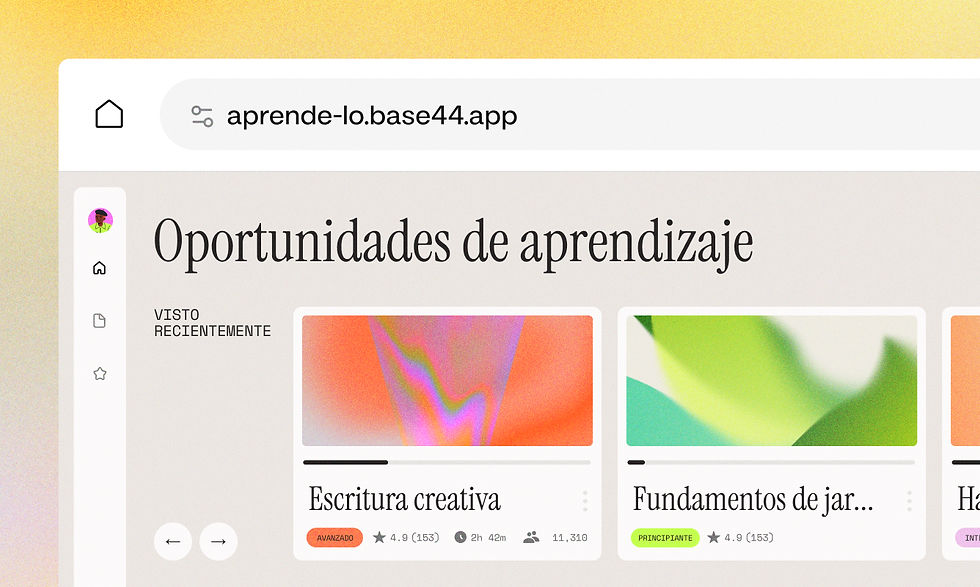 Panel de control de una app de aprendizaje creada con Base44, mostrada en un navegador con una URL de dominio personalizado.