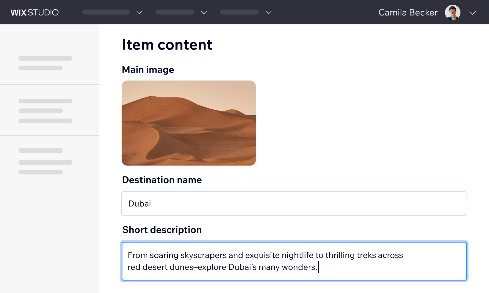 Un mock-up du back-end du site Web d'une agence de voyages, dans ce cas précis le client a l'autorisation de modifier le CMS et d'ajouter des infos sur la destination.