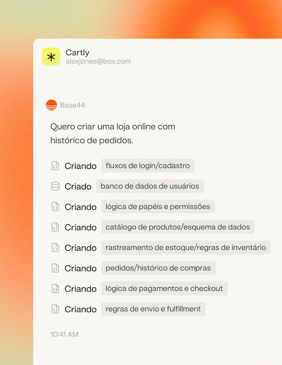 Interface de criação da Base44 exibindo o desenvolvimento de um app de e-commerce, com autenticação de usuários e catálogo de produtos.