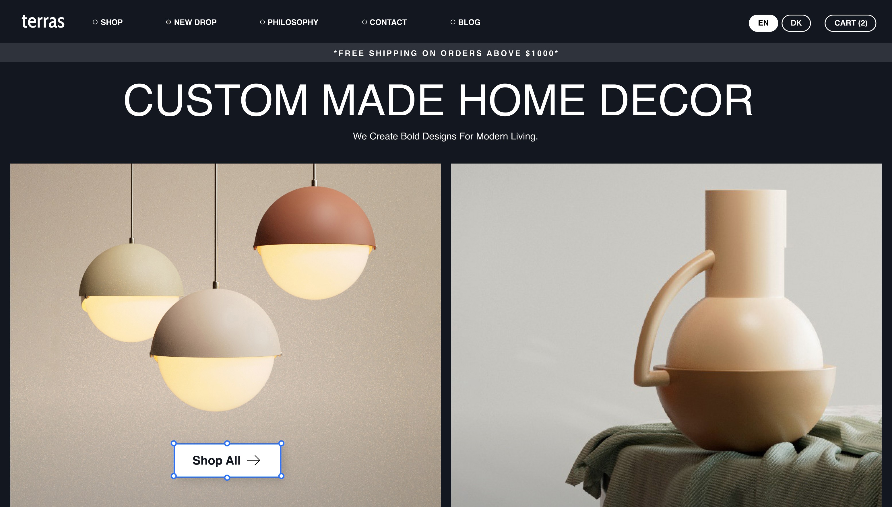 Homepage einer E-Commerce-Website mit Blog-Funktionalität für ein hochwertiges Einrichtungsgeschäft.
