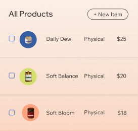 Wix ecommerce product catalog with inventory management dashboard