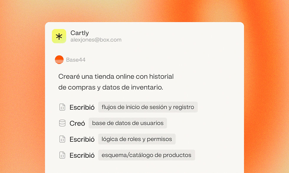 Interfaz del creador de Base44 que muestra la creación de una app de eCommerce, con autenticación de usuarios y catálogo de productos.