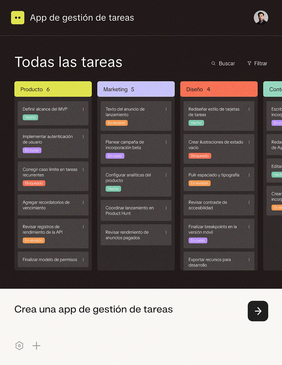 App de gestión de tareas creada con Base44, que muestra tableros de tareas agrupados por Producto, Marketing y Diseño.