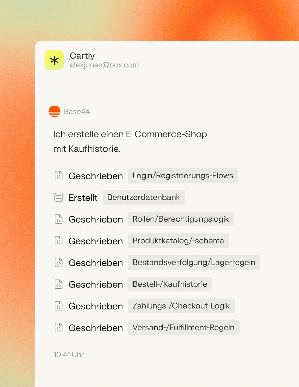 Base44-Builder-Interface zeigt die Erstellung einer E-Commerce-App, inklusive Nutzer-Authentifizierung und Produktkatalog