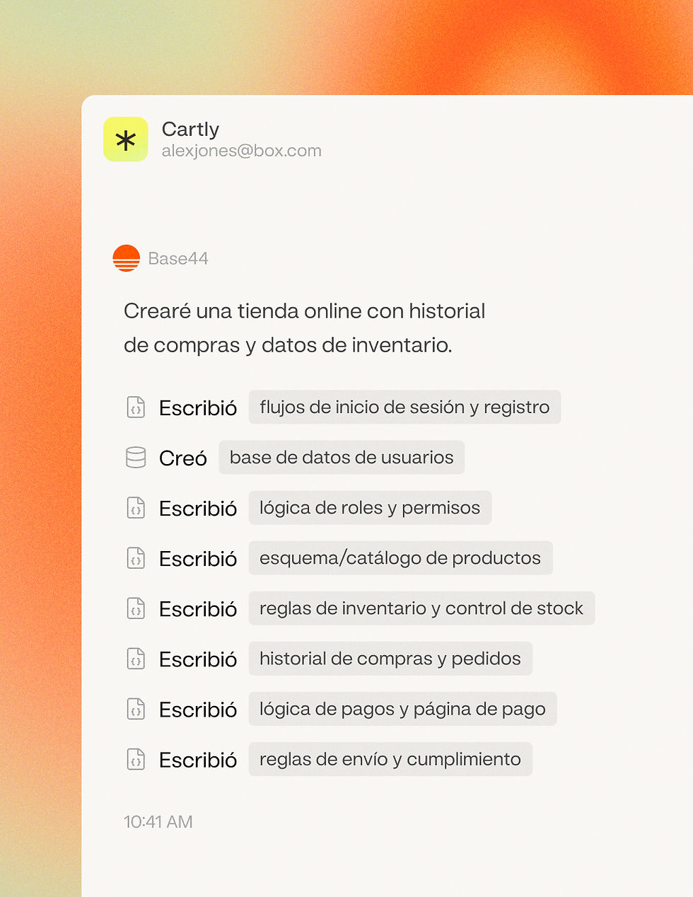 Interfaz del creador de Base44 que muestra la creación de una app de eCommerce, con autenticación de usuarios y catálogo de productos.