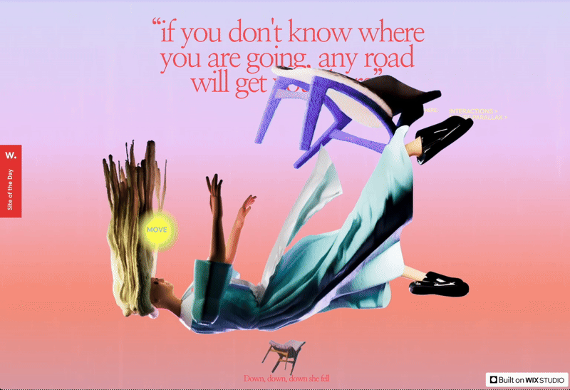 A screen capture of an Alice in Wonderland themed website, using parallax scroll