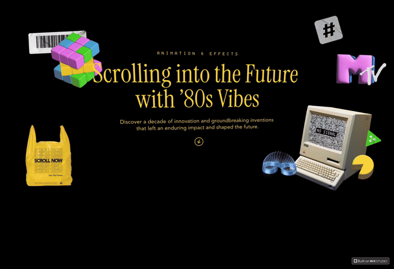A screen capture of a retro-themed website showcasing scroll animations