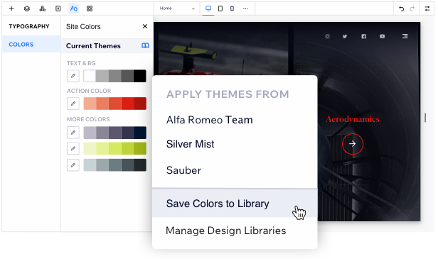 Image showing design libraries open on designed site, with colors shown. The mouse is hovering over one of the color themes, showing the option to ‘save color to library’