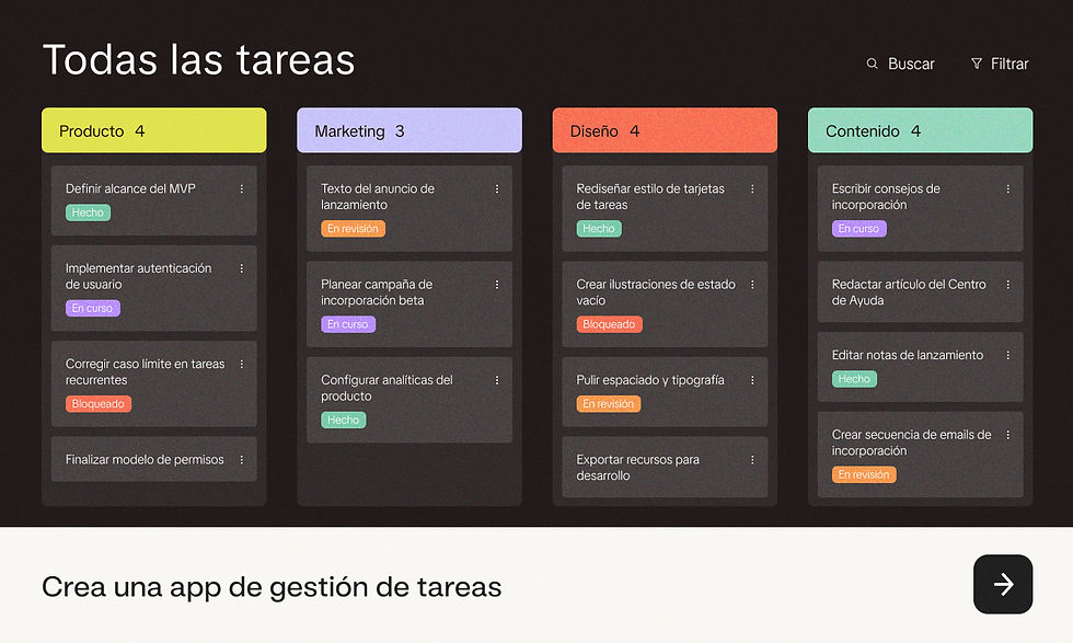 App de gestión de tareas creada con Base44, que muestra tableros de tareas agrupados por Producto, Marketing y Diseño.