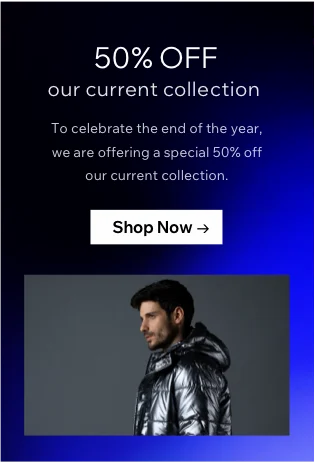 image of clothing website with a header and text plus a shop now button beneath it on a blue/black background. At the bottom is an image of a person facing to the left wearing a silver jacket on a grey background.