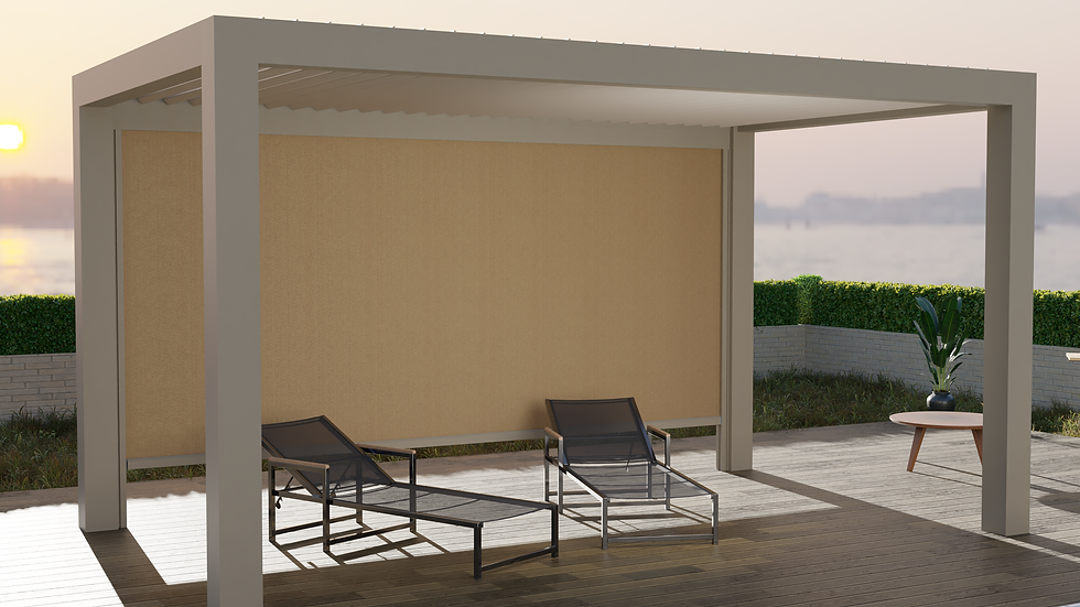 Pergola-bioclimatique et Store Vertical Motorisé-glass-systems