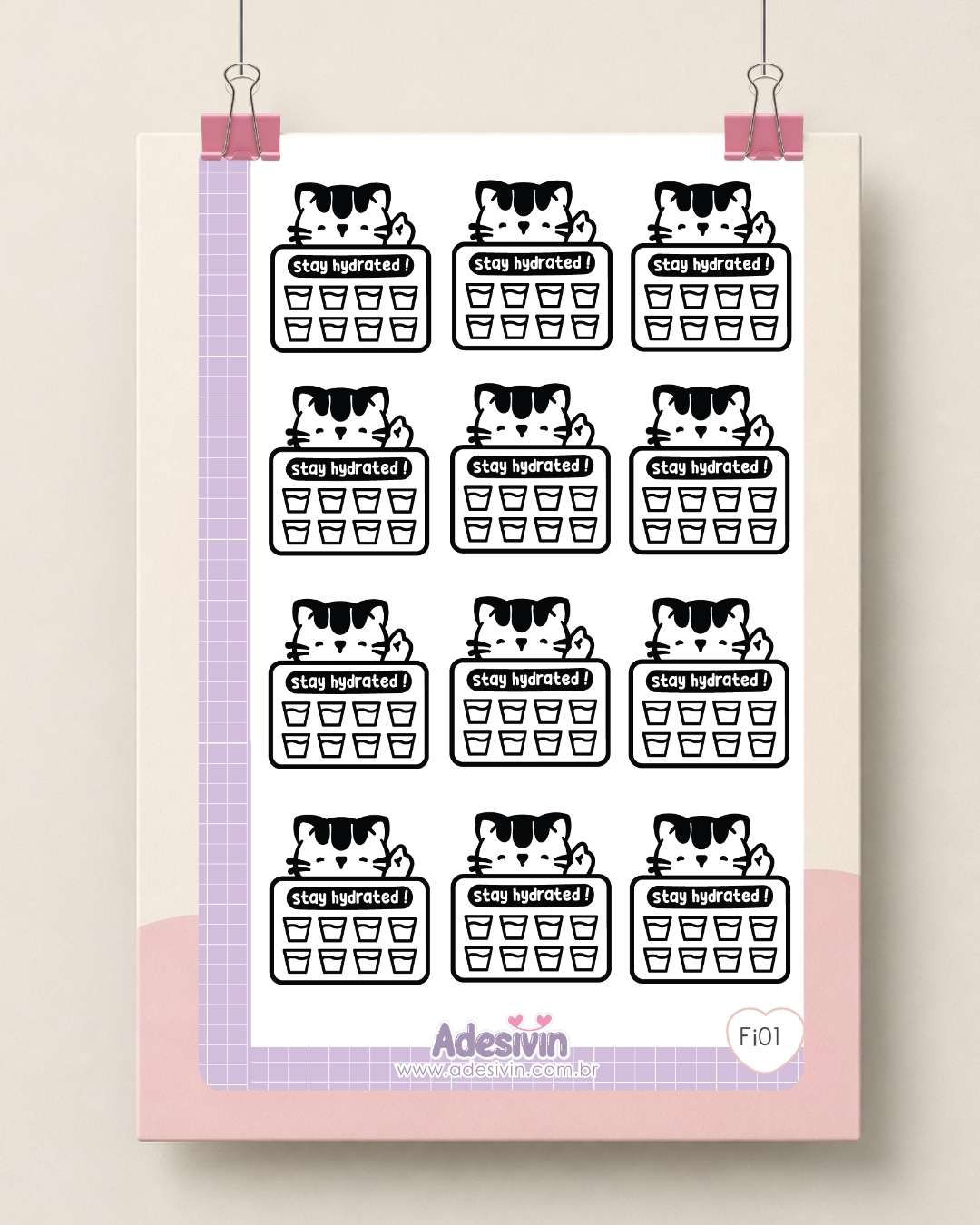 Fi01 - Cartela Adesivos - Stay Hidrated Gatinho