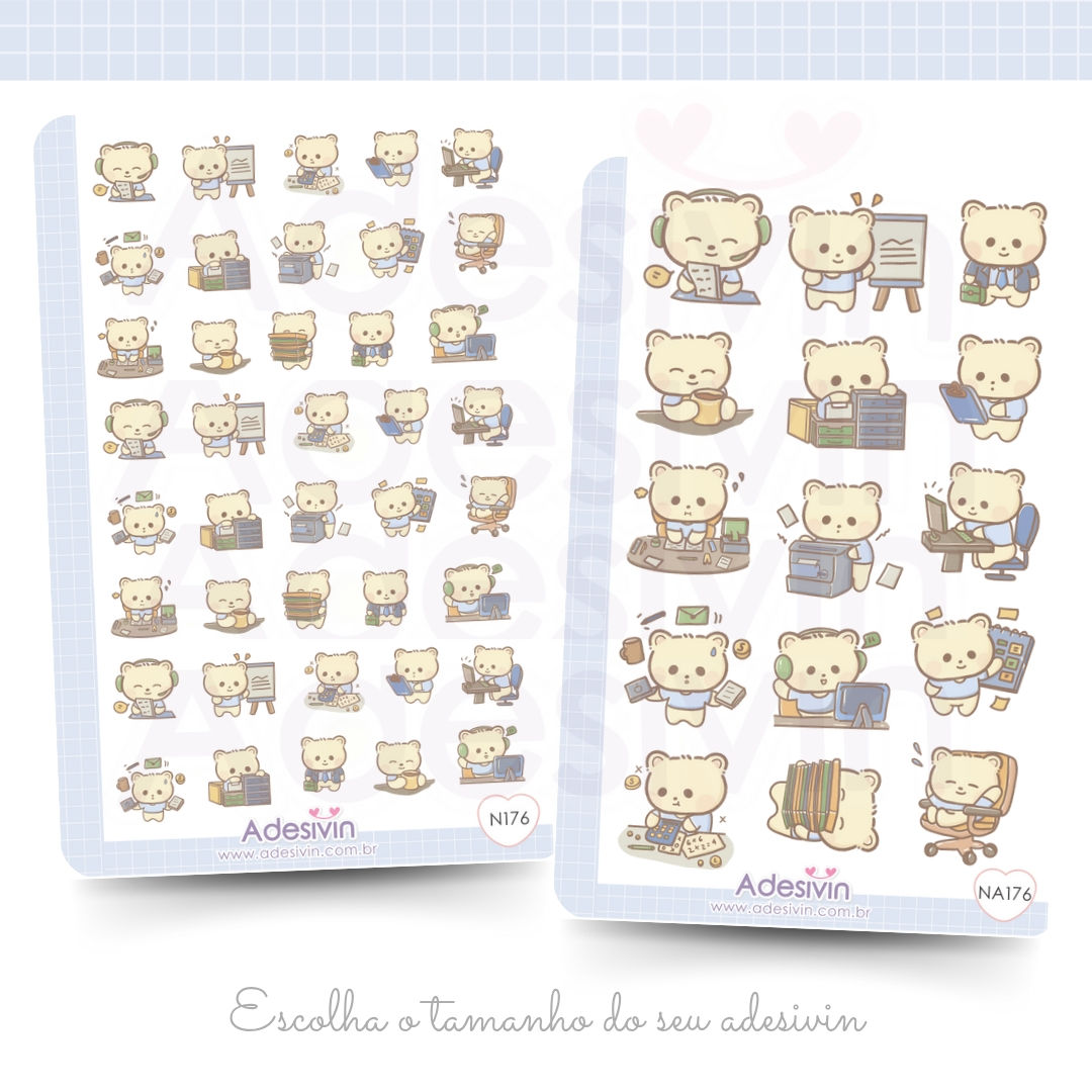 N176 - Cartela de Adesivos Urso Rotina no Trabalho