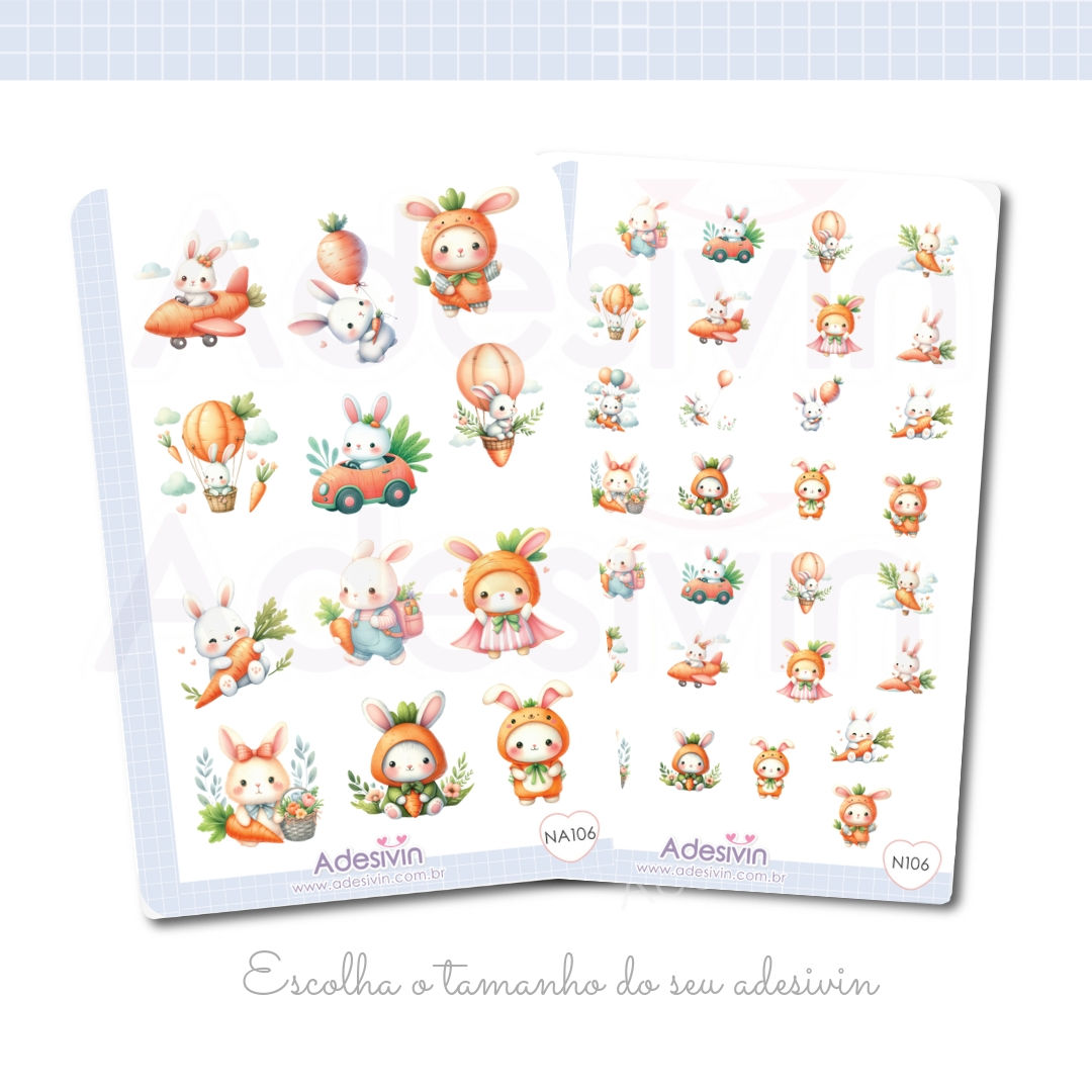 N106 - Cartela Adesivo Coelhos e Cenouras
