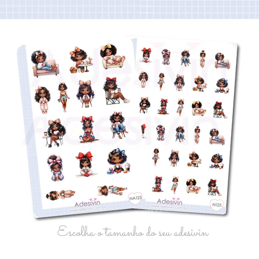 N125 - Cartela de Adesivo Menina Bonita do Laço de Fita